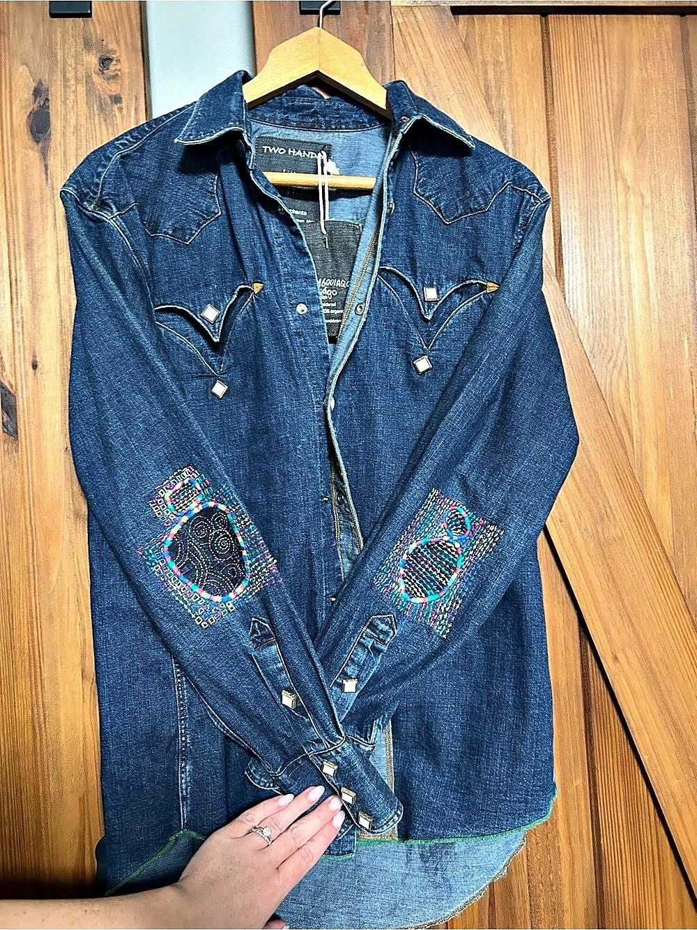 NWT Two Hands Embroidered Denim Button Down in Blue